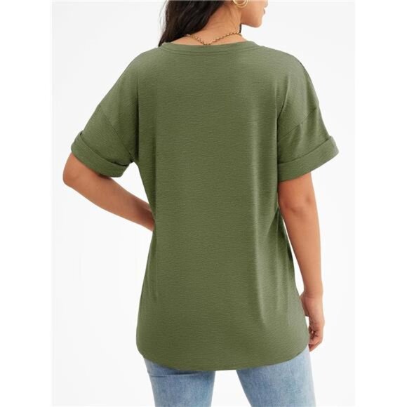 Women's Army Green T Shirts Short Sleeve‎ V-Neck Shirts Cute Casual for Summer - Picture 3 of 6